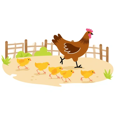 A mother hen with glossy brown feathers is leading a group of five fluffy yellow chicks across a sandy farmyard. The sun is shining brightly, casting soft shadows on the ground. The chicks are following closely, their little feet scurrying behind her. In the background, there are wooden fences and patches of green grass, adding to the farm atmosphere. A few scattered grains of feed are visible on the ground, which the chicks are pecking at as they move.
