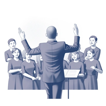A choir conductor stands at the front of a group of singers, with a focused expression on their face. The conductor's arms are raised high, displaying dynamic, expressive gestures that convey emotion and passion. The singers are arranged in rows behind the conductor, each person looking towards them, fully engaged in the performance. The scene captures the intensity of the moment, highlighting the connection between the conductor and the choir members. The background features a simple, unadorned wall, emphasizing the focus on the conductor and the choir.
