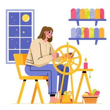 A woman with long brown hair is sitting comfortably in a wooden chair, spinning yarn using a spinning wheel. She is wearing a warm, knitted sweater. The room is softly illuminated by the flickering light of a candle placed on a small table beside her. A window next to her shows a starry night sky with a glowing moon. The walls are adorned with shelves filled with colorful yarns. A small basket at her feet holds extra spools of yarn. The atmosphere is warm and inviting, emphasizing the serenity of her craft.