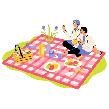 A picnic spread featuring a large red and white checkered blanket laid out on a green grassy area. On the blanket, there are various food items, including a basket filled with sandwiches, a bottle of sparkling lemonade, and a plate of colorful fruit slices. A couple is sitting on the blanket, with one partner holding a shiny silver ring in their hand. The other partner is looking at the ring with a surprised expression. Nearby, there are a couple of picnic utensils and a small vase with wildflowers placed in the center of the blanket.