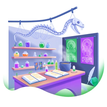 A snake skeleton hanging from the ceiling of a witch's apothecary shop. The skeleton is intricately detailed, with each vertebra clearly visible, and it is suspended by thin strands of string. Below the skeleton, shelves filled with various glass jars containing colorful potions and dried herbs line the walls. A wooden counter is positioned in the foreground, adorned with an open spellbook, some candles emitting soft light, and a small cauldron bubbling gently. Intricate tapestries hang on the walls, adding texture to the scene. The atmosphere is filled with an array of mystical objects, including crystals, a tarot card deck, and a few feathers scattered around the workspace.