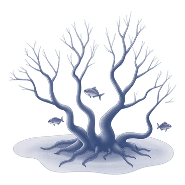 A mangrove ecosystem featuring a dense network of intertwined roots rising from the water. The roots are dark and twisted, creating a complex underwater landscape. Various fish are swimming gracefully between the roots, their shapes and sizes varying, some darting swiftly while others glide smoothly. The water is clear, allowing for visibility of the sandy bottom and the roots extending downward. The scene captures the intricate balance of life within this unique environment.