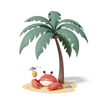 A bright red crab is sitting on the sandy beach under a large green palm tree with long fronds. The crab holds a small tropical drink in one claw, which has a colorful tiny umbrella sticking out of it. The crab appears relaxed, with its eyes half-closed and its legs comfortably spread out. The palm tree casts a dappled shadow over the sand, and a few seashells are scattered nearby. The scene evokes a cheerful beach atmosphere, with a clear blue sky above.