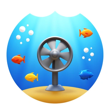 An underwater scene featuring a turbine with a metallic structure and rotating blades. Surrounding the turbine are vibrant fish in various colors, such as orange, yellow, and blue, swimming gracefully through the water. Bubbles rise from the turbine, creating a sense of motion. Sunlight filters down from the surface, casting shimmering light patterns on the sandy bottom below.