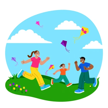 A group of children flying colorful kites on a breezy hillside. Each child holds a different kite, featuring vibrant designs in various shapes such as a butterfly, a dragon, and a classic diamond. The kites flutter in the wind against a bright blue sky filled with fluffy white clouds. The hillside is covered with lush green grass and dotted with wildflowers in shades of yellow, purple, and pink. The children are wearing bright, cheerful clothing; one girl has a red shirt and yellow shorts, while a boy nearby is dressed in a blue t-shirt and green pants. Their joyful expressions reflect the excitement of the moment as they run and play, letting the kites soar high above.
