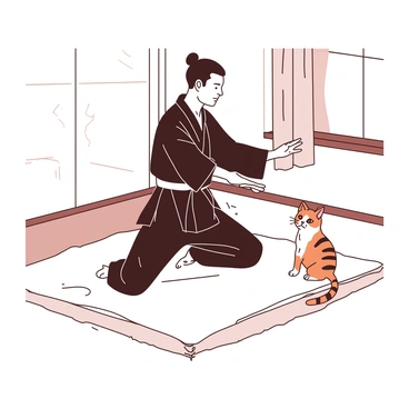 An aikido practitioner wearing a black gi is demonstrating a smooth, flowing technique on a white mat. The practitioner is mid-move, with arms extended gracefully. A small, curious cat with orange stripes is sitting on the edge of the mat, attentively watching the movements. The cat’s tail is curled slightly, and its eyes are wide with interest. Sunlight filters through a nearby window, casting soft shadows on the mat, enhancing the peaceful atmosphere of the scene.