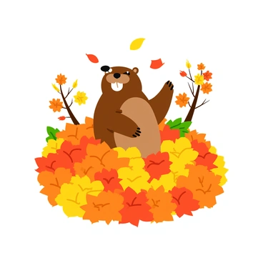A brown beaver with a shiny fur coat is joyously playing in a large pile of colorful autumn leaves. The leaves are various shades of orange, yellow, and red, creating a vibrant blanket around the beaver. The beaver is mid-leap, with its front paws outstretched and a playful expression on its face. A few leaves are caught in the air, while others scatter in a gentle breeze around it. The background features a few scattered trees, their branches adorned with fall foliage.