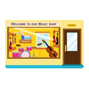 A quaint music instruments shop with wooden shelves displaying various instruments. There are several guitars hanging on the walls, showcasing different colors and styles. A polished wooden violin is prominently placed on a stand in the center of the shop. A set of colorful drums is positioned near the back, with intricate designs on the drumheads. Sunlight streams through the front window, casting soft shadows across the floor, and a small sign reading "Welcome to our Music Shop" hangs above the entrance.