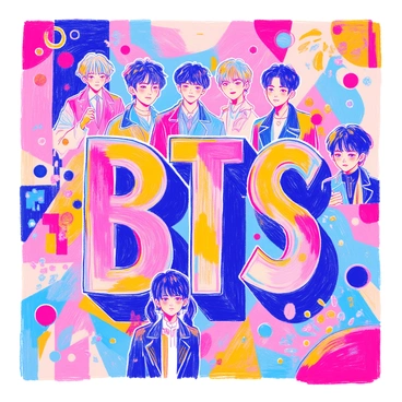 A digital poster prominently features "BTS" in bold, colorful letters at the center. Surrounding the text are stylized illustrations of the seven members, each depicted with distinct hairstyles and outfits that reflect their unique personalities. The background is filled with vibrant geometric shapes and patterns in various colors, enhancing the energy of the composition. Each member is posed dynamically, contributing to a lively atmosphere. The poster is designed to capture the essence of the group's music and impact on pop culture.