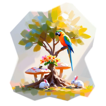 An illustration depicting a vibrant scene of a symbiotic relationship between different species in nature. In the foreground, a large tree with lush green leaves provides shelter for a colorful parrot perched on one of its branches. Below, a cluster of bright flowers is being pollinated by a busy bee, while a small rabbit grazes on the grass nearby. In the background, a intertwined root system can be seen, where mushrooms thrive, aiding the tree in nutrient absorption. Sunlight filters through the leaves, creating a warm atmosphere that highlights the interconnectedness of these species.