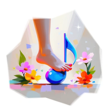A close-up of a foot with painted toenails stepping on a large, vibrant musical note. The foot is positioned at an angle, with the heel raised slightly off the ground, and the musical note is a bright shade of blue with swirling patterns. Surrounding the foot and note are colorful flowers in various sizes, including reds, yellows, and purples, adding a playful touch to the scene. The background is filled with a mix of greenery and abstract shapes in soft pastel colors, creating a whimsical atmosphere. Light sparkles subtly in the air, enhancing the cheerful mood of the image.