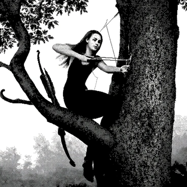 An elven archer with long, flowing hair is perched on a sturdy branch of a tall tree. She is dressed in form-fitting attire that blends with the natural surroundings. The bow is drawn back, taut with an arrow ready to be released. Her eyes are focused intensely ahead, indicating her concentration on an unseen target. The leaves of the tree frame her silhouette, softly rustling in the breeze around her. The forest below is dense, filled with various textures of bark and foliage, emphasizing her elevated position.