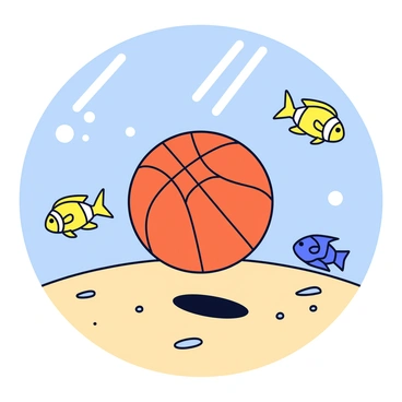 A basketball in bright orange color is bouncing gently on the ocean floor. The surface of the ocean floor is sandy with small pebbles scattered around. Surrounding the basketball are various colorful fish, including a yellow clownfish and a blue tang, swimming playfully. Sunlight filters through the water, casting shimmering patterns on the sand below.
