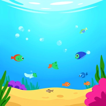 A vibrant underwater scene filled with various types of plankton floating in clear blue water. The plankton are depicted in different sizes and shapes, with some appearing translucent and others brightly colored. Tiny bubbles of carbon dioxide rise toward the surface, surrounded by a few small fish swimming nearby. Sunlight filters through the water, creating shimmering patterns on the sand below. The background features coral reefs and aquatic plants, adding to the rich biodiversity of the scene. In the water, small bubbles are shown emerging from the plankton, representing the oxygen they release.