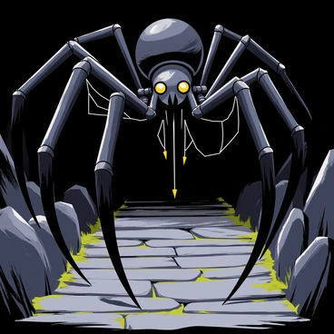A giant spider, Shelob, with glossy black legs and a large, bulbous body, looms menacingly over a rocky pathway. The spider's eyes are glowing yellow and sharp, adding to its intimidating appearance. The pathway is made of uneven stones, partially covered in moss and grime, leading through a dark, shadowy area. Surrounding the pathway, jagged rocks create a rugged atmosphere, while webs glisten in the faint light, draping from the spider's fangs. The scene conveys a sense of danger and foreboding as Shelob watches for any intruders.