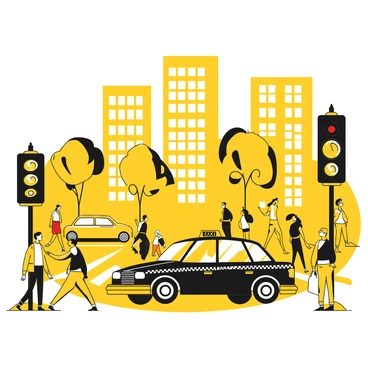 A black taxi is parked at a busy street corner, with its yellow taxi sign illuminated on top. The street is filled with a diverse group of pedestrians crossing, some carrying shopping bags, while others are engaged in conversation. In the background, tall buildings loom, and traffic is visible, with other vehicles moving past. A traffic light is positioned nearby, showing red, indicating that vehicles must stop. The scene captures the hustle and bustle of an urban environment.