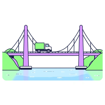 A truck is seen crossing a long suspension bridge that spans a wide river. The truck has a boxy shape and is prominently positioned on the bridge. Below, the river flows gently, reflecting the structure of the bridge. Towering above the water, the bridge features long cables that stretch from tall towers on either side. The roadway of the bridge is lined with safety barriers. In the background, rolling hills can be seen on both ends of the riverbank.