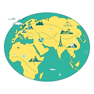 A duotone illustration featuring a yellow travel map filled with intricate details. The map has highlighted dotted paths winding through various regions, leading to famous global landmarks. Each landmark is represented with small, recognizable icons such as the "Eiffel Tower," "Great Wall of China," "Statue of Liberty," and "Machu Picchu." The background of the map is a contrasting teal color, enhancing the visibility of the landmarks and paths. Compass roses and decorative elements are scattered throughout the map, adding to its adventurous theme.