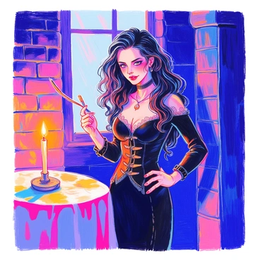 Bellatrix Lestrange is standing in a dimly lit room. She has long, wild black hair cascading down her shoulders. Her makeup is striking, with dark eyeliner emphasizing her intense gaze. She is holding a broken wand in one hand, examining it closely with a furrowed brow. Her other hand is positioned on her hip, showcasing her fitted black dress adorned with intricate details. The walls of the room are lined with dark stone, adding to the atmosphere. A flickering candle on a nearby table casts shadows around her, enhancing the dramatic focus on her expression.
