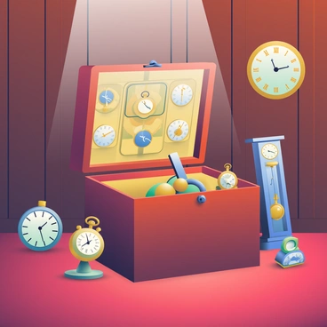 A case with a polished wooden exterior, equipped with brass dials and levers, is sitting open in the center of a room. Inside the case are various intricate mechanisms, each glistening under the soft light. Surrounding the case are several clocks from different eras, including a classic pocket watch, a tall grandfather clock, and a vintage wall clock with Roman numerals. The walls of the room are lined with rich, dark wood panels, and the floor is covered in a plush, deep red carpet. A soft glow emanates from a nearby lamp, illuminating the scene.