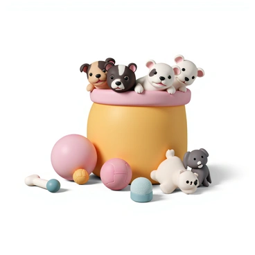 A small, colorful sack, made of soft fabric, with playful puppies poking their heads out from the top. The puppies have various fur patterns, including brown, black, and white spots, and their ears perked up with curiosity. The sack is filled with an assortment of toys around it, including a bright red ball, a squeaky rubber bone, and a fluffy stuffed animal. The scene conveys a lively and cheerful atmosphere, with the puppies looking excited and playful.