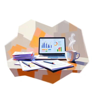 A wooden desk is arranged with scattered papers, a sleek laptop open and displaying graphs, and a steaming cup of coffee positioned to the side. The papers are filled with financial reports and graphs, some stacked neatly while others are casually placed. The laptop's screen emits a soft glow, illuminating the workspace. The cup of coffee is a ceramic mug with a simple design, and a few pens are scattered among the papers, adding to the organized yet busy atmosphere of a financial advisor at work.