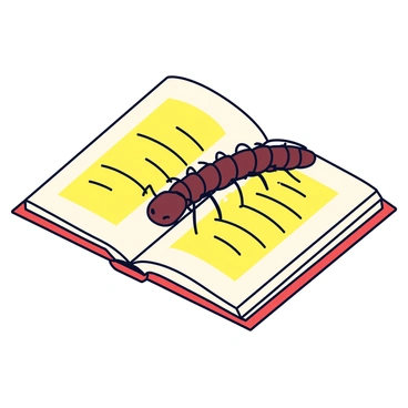 A centipede with long, segmented body and numerous legs is crawling over the pages of an old, open book. The book has yellowed pages with faded text and intricate illustrations. The centipede is a dark brown color, contrasting with the light cream of the book's pages. The book lies on a wooden surface, with a slight shadow cast by the centipede.