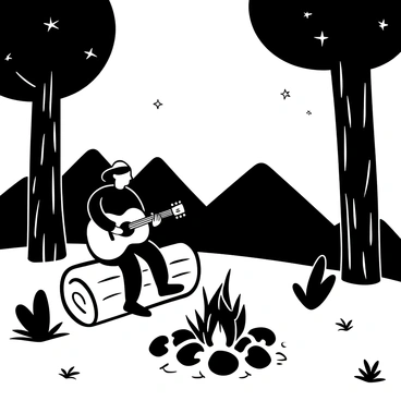 A person sitting on a log playing a guitar beside a warm campfire, with flames rising and crackling. The campfire is surrounded by a circle of rocks, providing a sense of safety. Tall trees with textured bark and scattered leaves frame the scene, and the ground is covered with a mix of grass and small stones. Shadows are cast by the flickering firelight, creating a cozy atmosphere. In the background, silhouettes of distant mountains are visible under a starry sky.