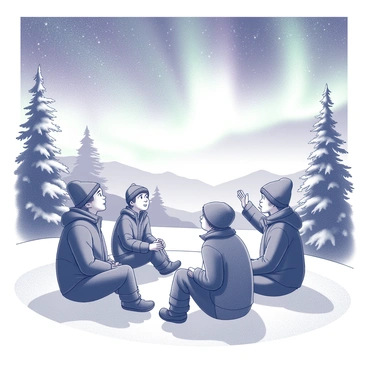A group of four campers is gathered in a snowy landscape. They are wearing warm winter clothing, including jackets, hats, and gloves. Two campers are sitting on the snow, while the other two are standing nearby. Above them, the Northern Lights are vividly displayed in the sky, creating a dynamic visual. The ground is covered in a thick layer of snow, and snow-capped pine trees surround the campers. The scene captures a moment of wonder as the campers gaze upwards, their faces illuminated by the brilliant lights in the sky.