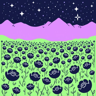 A vast field filled with flowers, all of them black with intricate petal designs. The flowers are densely packed, creating a striking contrast against the landscape. Above the field, the night sky is filled with countless stars of varying sizes, twinkling brightly. The stars are scattered across the sky, forming a stunning celestial display. In the distance, a silhouette of a mountain range can be seen beneath the starry sky, adding depth to the scene.