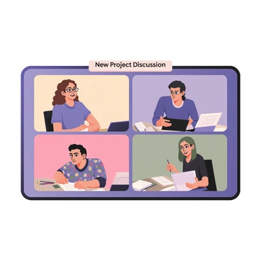 A digital flat illustration featuring a virtual conference call with multiple artists on screen. There are four distinct panels displaying different individuals. In the first panel, a woman with curly brown hair and glasses is speaking passionately. She is wearing a purple shirt. In the second panel, a man with light skin and short black hair is listening intently, wearing a blue sweater. In the third panel, a person with green hair and a colorful patterned shirt is taking notes, with a focused expression. The fourth panel shows a woman with dark skin and long straight hair, smiling while displaying some artwork on her tablet. Each artist has a colorful background that reflects their personality, and there are various art supplies, like paintbrushes and sketchbooks, visible on their desks. “New Project Discussion” is displayed prominently at the top of the illustration.