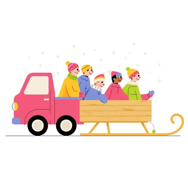 A bright red truck is pulling a wooden sled filled with children. The children are smiling and wearing colorful winter attire, including puffy jackets, knitted hats, and mittens. Snowflakes are gently falling around them, creating a cheerful winter atmosphere. The truck has large tires and snow covers the ground, adding to the wintry scene. The sled is adorned with festive decorations, and the children are sitting closely together, enjoying their ride.