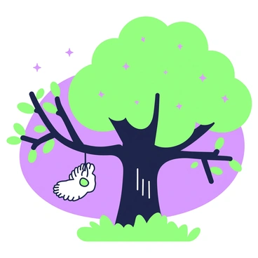 A night scene features a large tree with a thick trunk and sprawling branches. One branch extends out prominently, from which a rabbit's foot is hanging. The rabbit's foot is detailed, with fur texture visible and the claws clearly defined. Below the tree, the ground is covered with soft grass and a few scattered leaves. The background shows a starry sky, with scattered stars twinkling brightly against the dark backdrop. A gentle breeze rustles the leaves of the tree, creating a subtle movement in the scene.