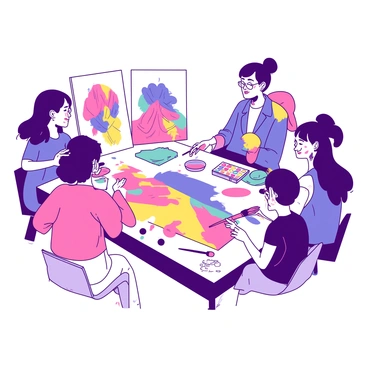 Martha is sitting at a large table surrounded by her friends, each engaged in their own art projects. The table is covered with vibrant supplies, including brushes, canvases, and paint palettes. Martha is using a brush to create a bright artwork in the Throtem style, with bold shapes and patterns. Her friends are also focused on their canvases, each showcasing a unique interpretation of the Throtem theme. The atmosphere is lively as they share ideas and laughter, and colorful paint splatters decorate the table and their clothes.