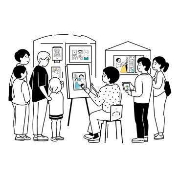 An artist is sitting at a small easel, intently sketching a lively scene from the K-illustration fair. The artist has short hair and wears a patterned shirt, with a pencil in hand, focused on capturing the details of the scene. Surrounding the artist are several onlookers, both adults and children, looking at the sketch with interest. Some are leaning in closer to catch a better view, while others are chatting among themselves. Stalls featuring various artworks and colorful displays are visible in the background, contributing to the bustling atmosphere of the fair.