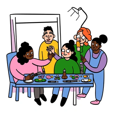 A group of makeup artists with light and dark skin tones is working together in a brightly lit studio. One artist is carefully applying special effects makeup to a model's face, enhancing features to create a spooky look. The model has big eyes and pale skin, with an expression of excitement and anticipation. Another artist is preparing various makeup tools and palettes on a table, filled with vibrant colors and textures. In the background, a large mirror reflects the busy scene, showcasing the creative process involved in transforming the model for the horror movie.