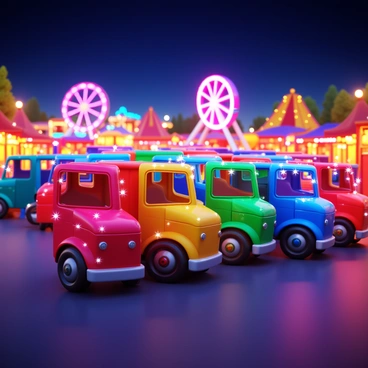 A fleet of colorful trucks adorned with sparkling decorative lights. The trucks are parked at a lively country fair, surrounded by vibrant stalls and cheerful visitors. Brightly lit rides twinkle in the background, enhancing the festive atmosphere. The night sky is clear, allowing the lights from the trucks to shimmer and reflect off nearby surfaces. The scene is filled with excitement and energy, showcasing the joyous spirit of a country fair at night.