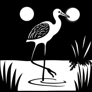 A heron wading through the water, illuminated by a glowing full moon.