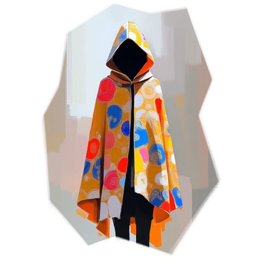 A mysterious figure stands in the foreground, cloaked in a richly textured garment adorned with vibrant, intricate patterns reminiscent of those found in Klimt's artwork. The cloak features swirling golds, deep blues, and bold reds that intertwine to create an enchanting tapestry. The figure's face is partially obscured by the hood of the cloak, adding an air of intrigue to their presence. They are positioned against an indistinct backdrop that allows the vivid patterns of the cloak to take center stage, drawing the viewer's attention to the artistic details of the fabric.