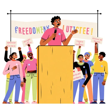 A person standing on a wooden platform at a rally, passionately speaking into a microphone. The individual has short, curly hair and is wearing a bright red shirt. They have an expressive face, conveying determination and energy. Behind them, a colorful banner displays the words "Freedom and Justice" in bold letters. A crowd of diverse supporters holds up signs with various messages, some with hearts and fists raised in solidarity. The scene captures a sense of unity and fervor among the participants.