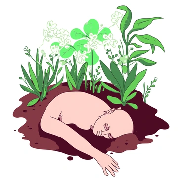 A duotone illustration depicts a decomposing body in the center, surrounded by rich vegetation. The body is partially covered in soil, with its features fading into the earth. From the body, various plants are emerging, showcasing vibrant green leaves and delicate flowers. The background consists of a contrasting color, highlighting the growth surrounding the decomposing matter. Sunlight filters through the leaves above, casting soft shadows on the scene, emphasizing the connection between life and decay.