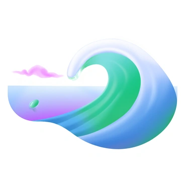 A modern pastel illustration of a single ocean wave curling smoothly. The wave is depicted in varying shades of blue and turquoise, gently cresting at the top. The surface of the wave reflects soft light, adding a touch of white at the peak. The background features a calm sea blending seamlessly into the horizon, with a few subtle hints of distant clouds in pastel colors.