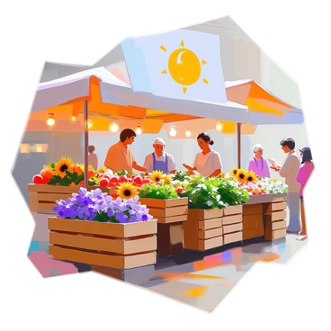 A vibrant market stall filled with an array of seasonal herbs and flowers, showcasing basil, rosemary, lavender, and various colorful blooms such as daisies and sunflowers. The stall is made of rustic wooden crates, stacked neatly and overflowing with fresh produce. In the background, a large banner depicting a sun and moon is draped overhead, adding a whimsical touch to the scene. The stall is bustling with activity, with customers admiring the herbs and flowers, and the sun casts warm light across the entire market area.