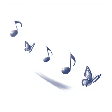 A series of musical notes gracefully rising into the air. Each note is depicted in detail, with clear definitions of their shapes and curves. As they ascend, they begin to morph into butterflies, showcasing distinct wing patterns and shapes. The butterflies flutter gently, appearing to float away from the notes. The background suggests a sense of movement, as if the notes and butterflies are departing into an open expanse.