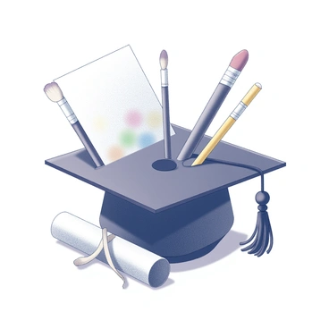 A graduation cap positioned upright on a flat surface. The cap is adorned with various art supplies, including colorful pencils, brushes, and a sketchbook, all securely attached to the top. The tassel hangs elegantly from one side, contributing to the overall design. The background is simple to keep the focus on the cap and its artistic embellishments, highlighting the theme of a degree in illustration.