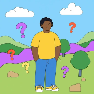A person with medium skin tone and short curly black hair stands in the center of a surreal landscape. They are wearing a bright yellow t-shirt and blue jeans, with a thoughtful expression on their face. Surrounding the person are several large, colorful question marks in various sizes, floating in the air. The background features whimsical hills in shades of purple and green, with oversized, cartoonish trees in the distance. The sky above is a vibrant blue, with fluffy white clouds scattered throughout.