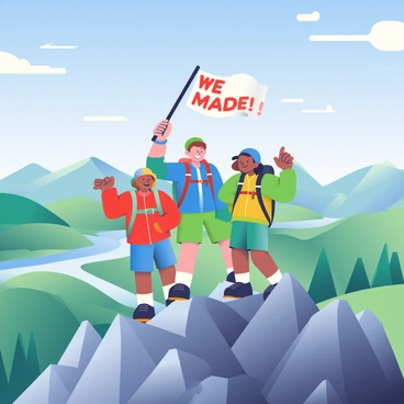A group of four hikers of diverse ethnicities is standing triumphantly at the peak of a rocky mountain. Each hiker is wearing colorful outdoor gear, including jackets in shades of red, blue, green, and yellow. They are all smiling, exuding a sense of accomplishment. Below them, a vast landscape stretches out, featuring rolling green hills, dense forests, and a winding river reflecting the sunlight. The sky is bright blue with a few white clouds scattered, creating a vivid contrast with the mountain peak. The hikers are surrounded by rocky terrain, and one of them is holding a flag that says "We made it!" in bold letters.