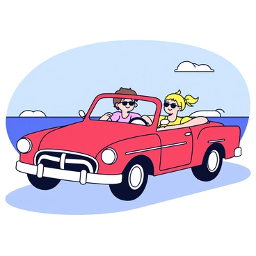 A retro-style express car convertible with passengers enjoying a sunny day drive
