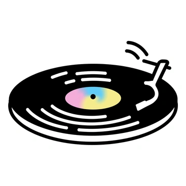 A vinyl record spinning on a turntable, showcasing its grooves and shiny black surface. The label at the center of the record is vibrant, featuring a mix of colors that blend seamlessly into concentric circles radiating outward. The turntable is minimalist, with a simple arm positioned over the record, capturing the motion as the vibrant colors blur into circles around the spinning disc.