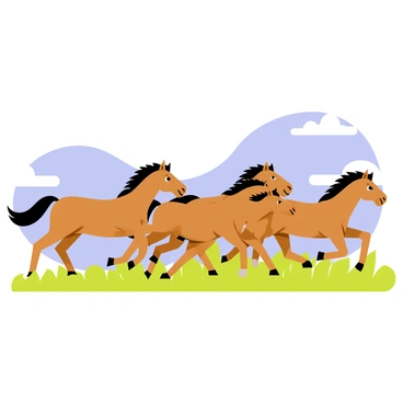 A group of brown wild horses galloping across a grassy meadow. The horses have flowing manes and tails that trail behind them as they run. At the front of the group, one horse is energetically bucking, its hooves lifted high off the ground. The horse has a shiny coat and a fierce expression, showcasing its strength and energy. The other horses are in various running poses, some with ears pinned back, displaying their wild nature. The sky above is blue with a few fluffy white clouds.